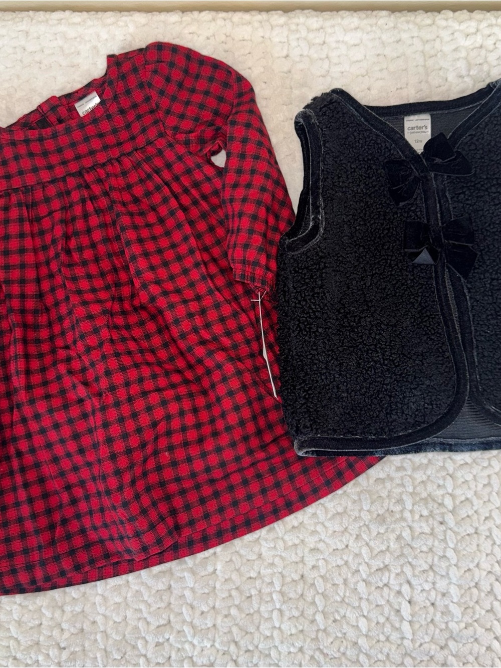 Carter's Red Plaid Girls Long-Sleeve Dress with Black Sherpa Vest